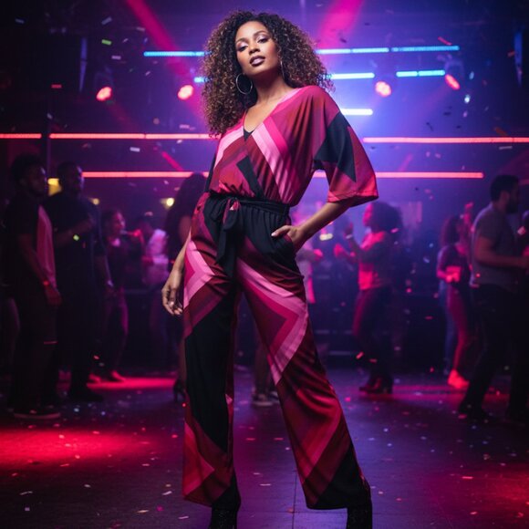 VIBRANT Trina Turk Chevron Wide-Leg Jumpsuit Kimono Sleeve Retro Resort - Picture 3 of 10